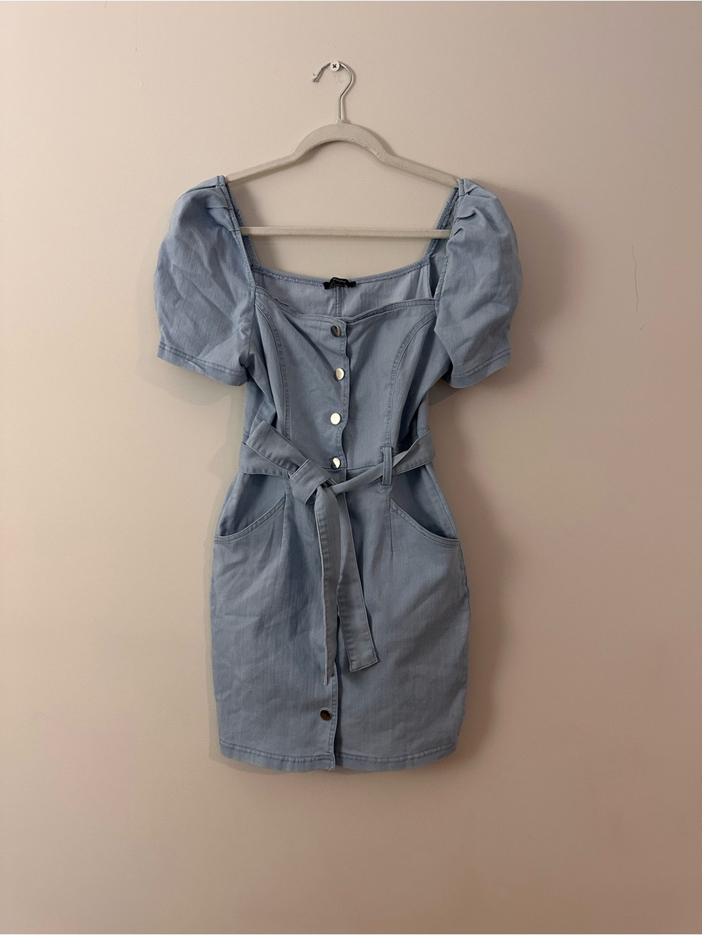 Light Wash Denim Puff Sleeve Belted Mini Dress - Size M
